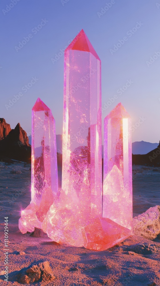 Bright pink crystal formations reflecting sunlight against a serene desert backdrop at sunset with distant mountains Bright pink crystal formations reflecting sunlight against a serene desert backdrop at sunset with distant mountains
