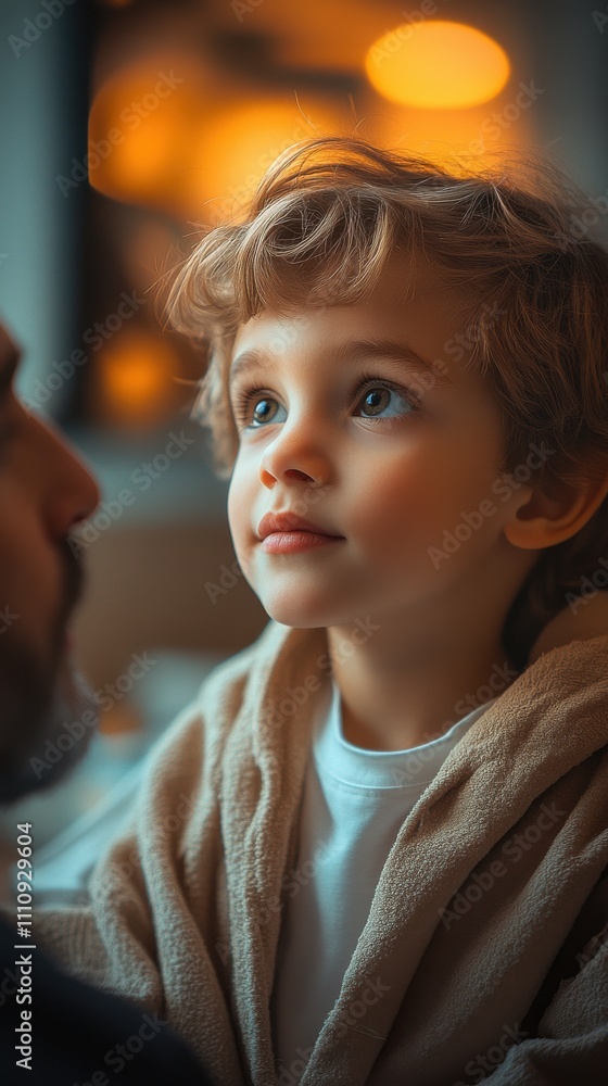 Child gazes with curiosity at adult in cozy indoor setting during evening, soft lighting creates warm atmosphere Child gazes with curiosity at adult in cozy indoor setting during evening, soft lighting creates warm atmosphere