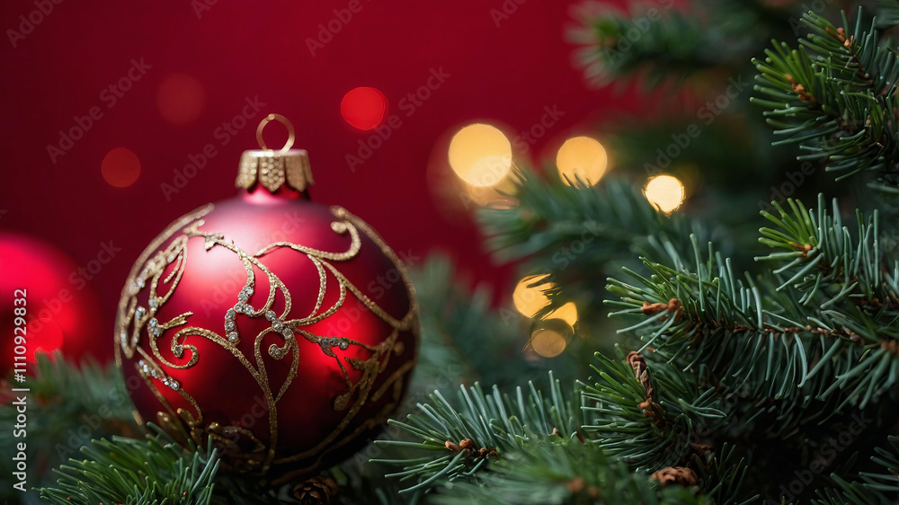 Christmas tree with ornament and bokeh lights in red background. Happy season Christmas tree with ornament and bokeh lights in red background. Happy season