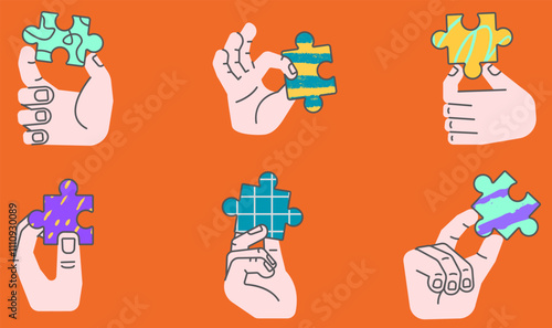 Vector Set of Linear Elements Related to Hand Holding colour Puzzle Piece, Construction, Organization, Structure for Design