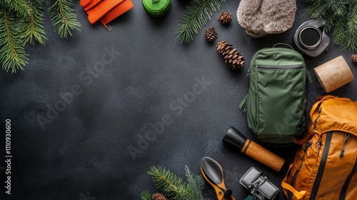 Outdoor adventure gear arranged on a dark surface photo