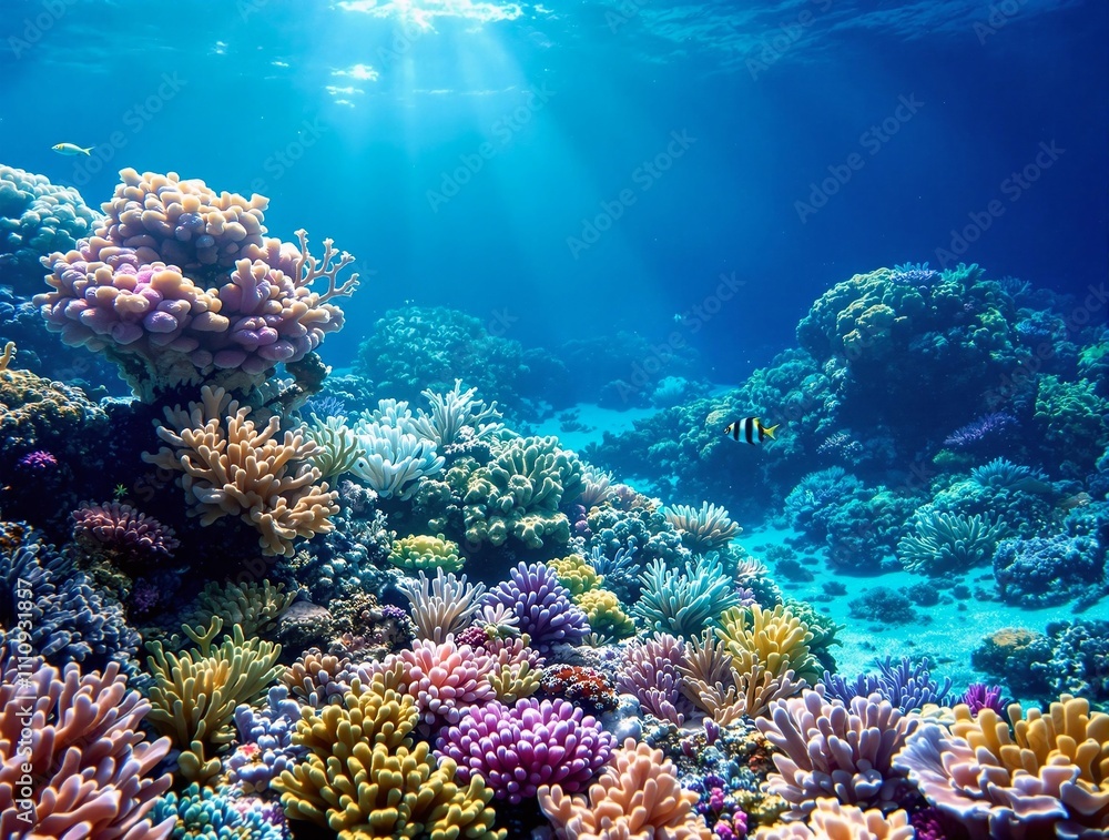A hyperrealistic underwater view of coral regrowth, with a small fish swimming near colorful coral formations A hyperrealistic underwater view of coral regrowth, with a small fish swimming near colorful coral formations