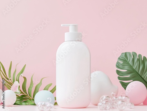 Blank baby wash bottle mockup, featured with soft bubbles, light pastel tones, whimsical and cheerful aesthetic