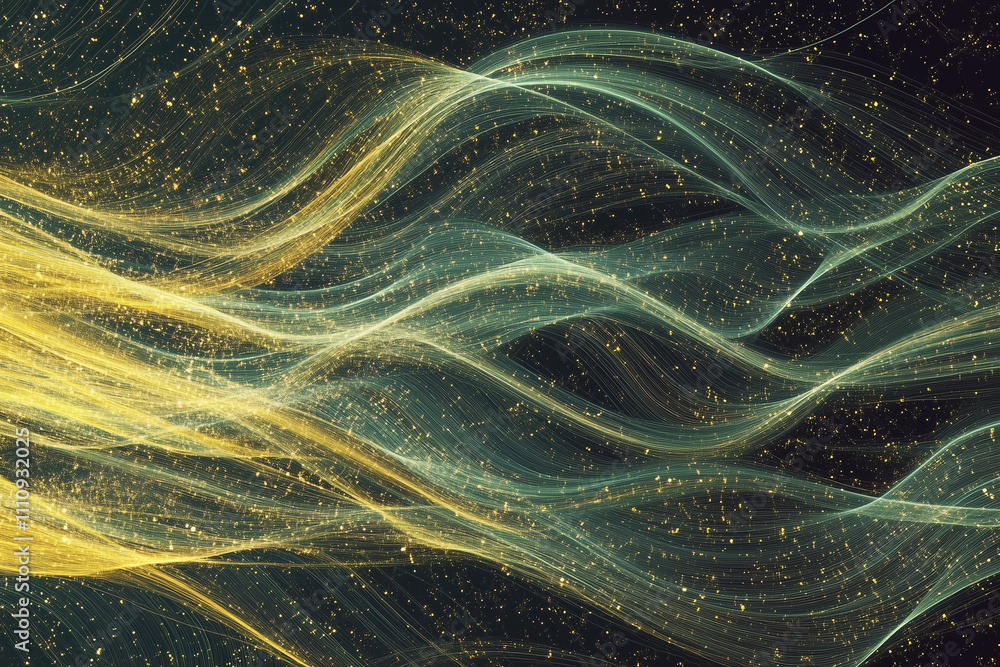 Obraz premium Yellow and green abstract energy background with wavy lines and sparkles on black with copy space