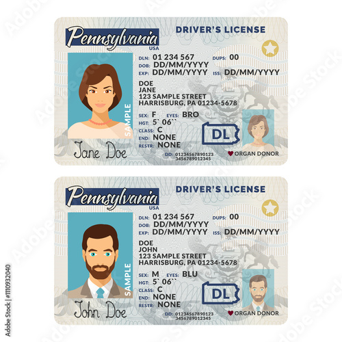Template of skit driver license plastic card for USA Pennsylvania