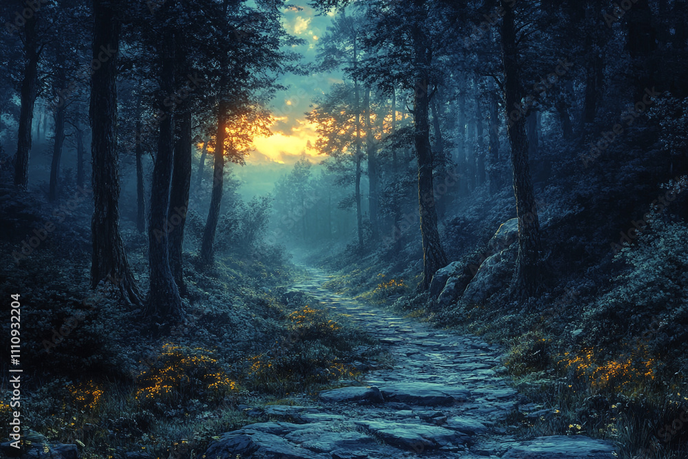 Obraz premium A Mystical Forest Path at Sunset