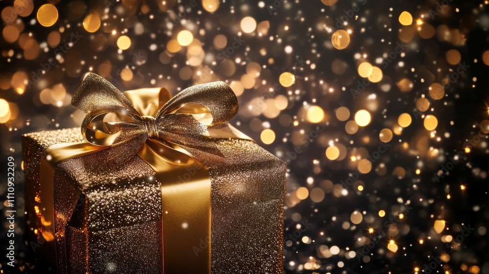 Elegant Gift Box with Golden Bow and Sparkling Background Elegant Gift Box with Golden Bow and Sparkling Background