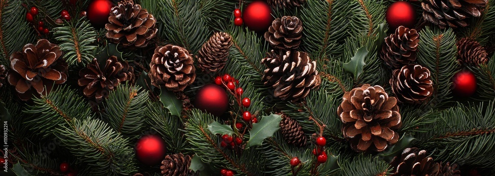 Festive red and green Christmas wreath composition background Festive red and green Christmas wreath composition background