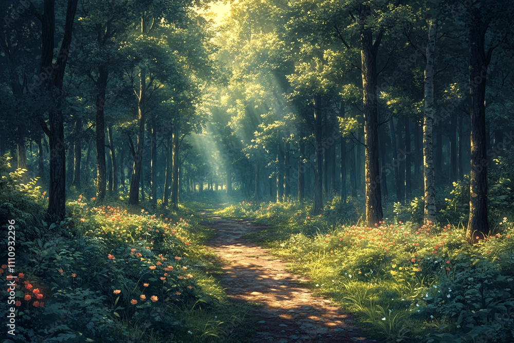 Fototapeta premium Sunlit Forest Path With Flowers And Trees