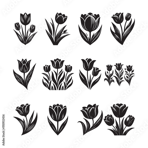 Black Color Tulip Silhouette Vector Illustration, Solid White Background.