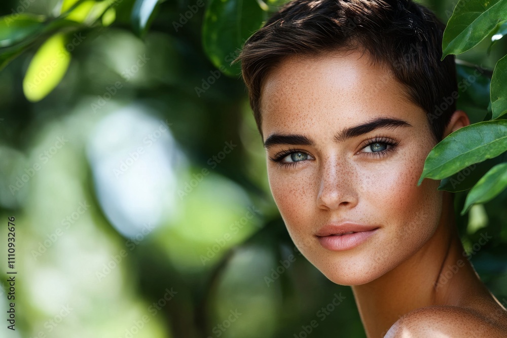 A striking portrait of a person set against a lush background of vibrant leaves, conveying an aura of nature's beauty, freshness, and serene introspection. A striking portrait of a person set against a lush background of vibrant leaves, conveying an aura of nature's beauty, freshness, and serene introspection.