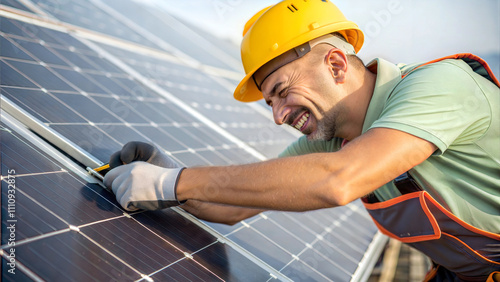 Obraz na płótnie Handsome man in yellow helmet smiling, installing solar panels, renewable energy concept, photovoltaic w salonie