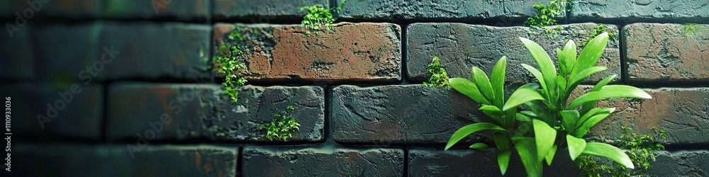 A vibrant green plant growing against a weathered brick wall, showcasing nature's resilience and beauty. A vibrant green plant growing against a weathered brick wall, showcasing nature's resilience and beauty.