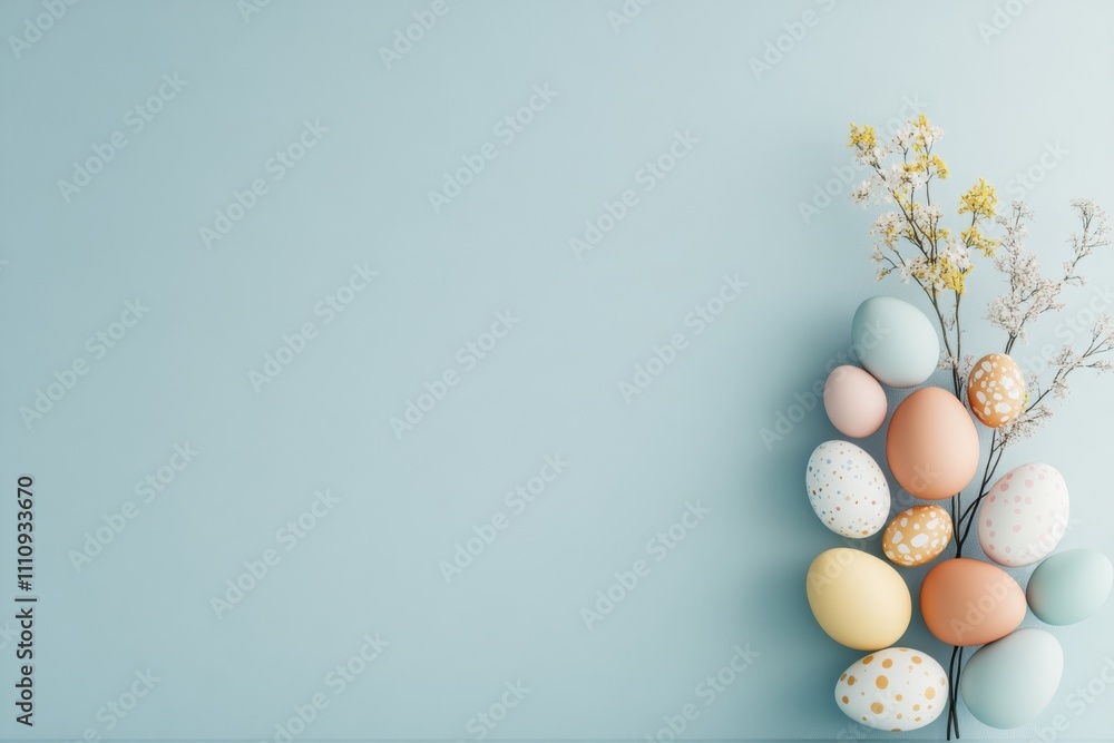 A collection of pastel-colored Easter eggs, some with patterns, artistically arranged alongside delicate flowering branches against a light blue background. A collection of pastel-colored Easter eggs, some with patterns, artistically arranged alongside delicate flowering branches against a light blue background.