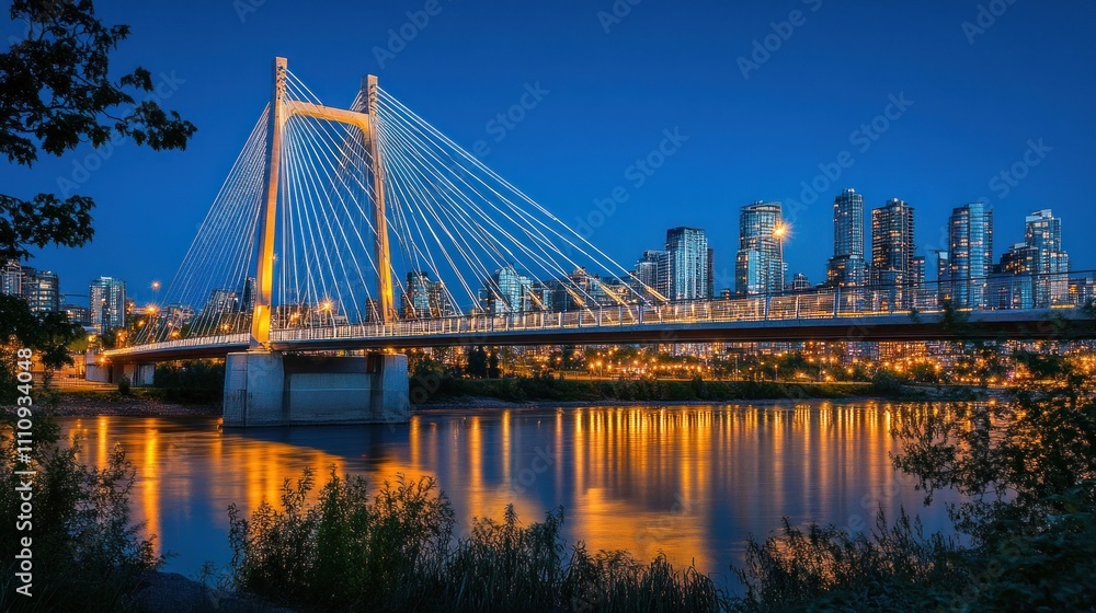 Fototapeta premium Illuminated cable-stayed bridge spanning river at twilight, city skyline in background.