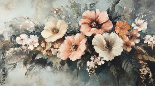 Floral arrangement featuring soft pink and white flowers on a muted blue background in a contemporary style