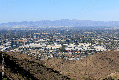 North-West side of Valley of the Sun looking at Arizona cities of Glendale, Peoria and Phoenix from North Mountain Park; copy space