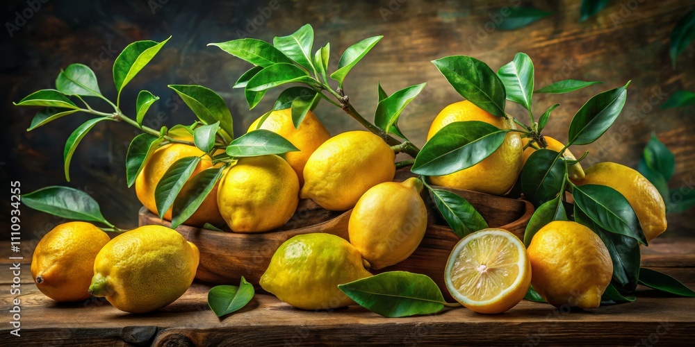 Vibrant Lemon Still Life Rustic Elegance and Natural Abundance in High-Resolution Fine Art Food Photography - Bright Yellow Citrus Fruits on Wooden Bowl with Leaves, Moody Vibrant Lemon Still Life Rustic Elegance and Natural Abundance in High-Resolution Fine Art Food Photography - Bright Yellow Citrus Fruits on Wooden Bowl with Leaves, Moody