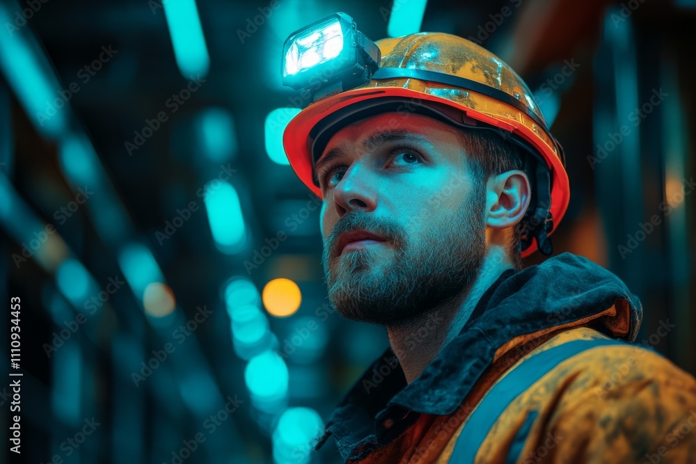 Mining engineer wearing headlamp and hardhat inspecting a mining tunnel Mining engineer wearing headlamp and hardhat inspecting a mining tunnel