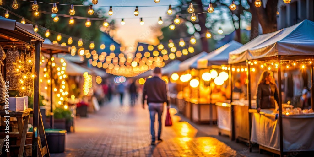 Naklejka premium Twilight Stroll through Festive Market Enchanting Person Walks Along Illuminated Pathway at Night, Warm Atmosphere of Outdoor Night Market, Romantic Evening Scene with Glowing
