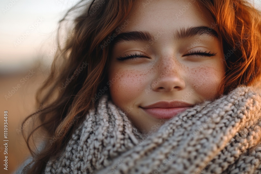 A young woman with a joyful smile wraps herself in a cozy scarf, capturing a moment of contentment and warmth in an outdoor, natural setting. A young woman with a joyful smile wraps herself in a cozy scarf, capturing a moment of contentment and warmth in an outdoor, natural setting.