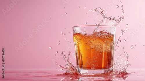 A glass juice cup with dark brown plum juice, clear and bright liquid texture, slight liquid splash effect, dynamic sense, light pink simple background