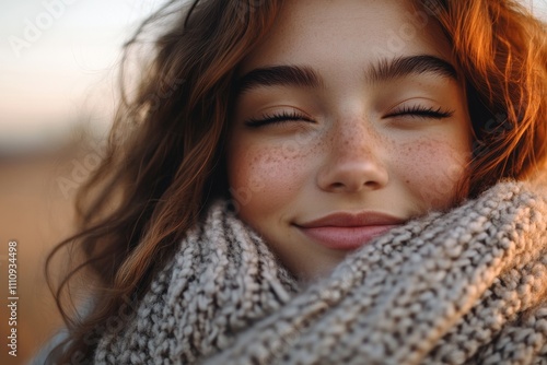 A young woman with a joyful smile wraps herself in a cozy scarf, capturing a moment of contentment and warmth in an outdoor, natural setting.