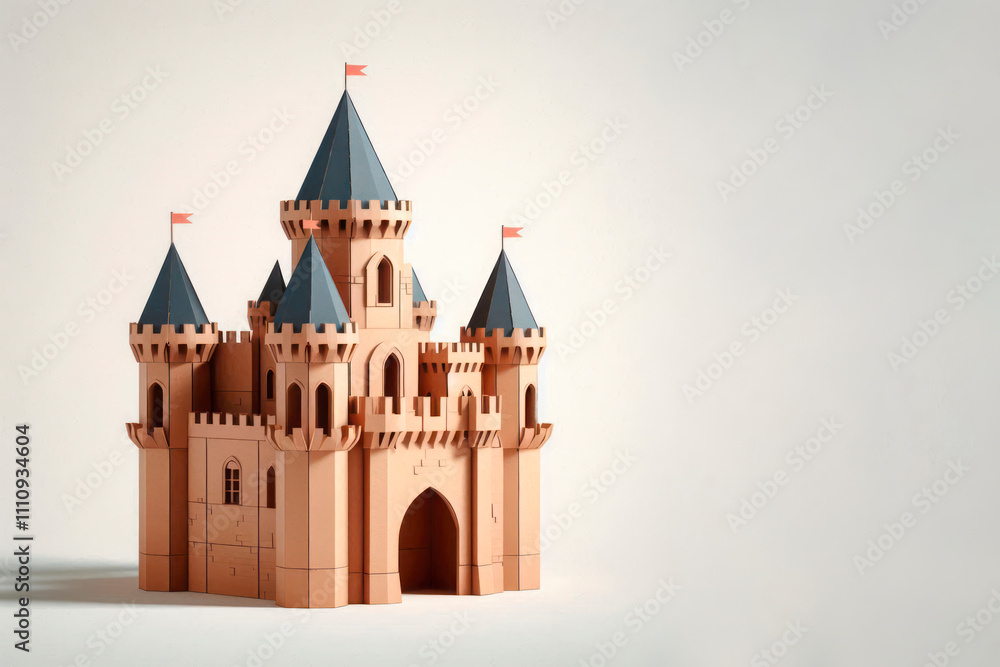 Fototapeta premium Miniature paper cardboard castle with flags. Space for text.