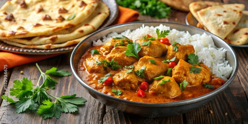 Tempting Chicken Tikka Masala Delight with Fluffy Rice and Naan Vibrant Curry Cuisine on Wooden Table Gastronomic Feast for Food Lovers Tempting Chicken Tikka Masala Delight with Fluffy Rice and Naan Vibrant Curry Cuisine on Wooden Table Gastronomic Feast for Food Lovers