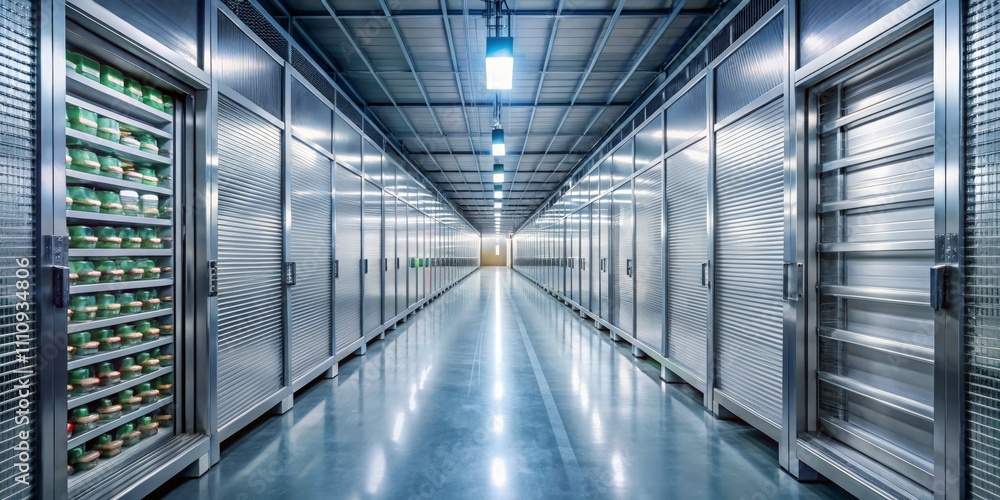 Symmetrical Metallic Corridor with Reflective Storage Units - Industrial Precision in Cool Tones, Futuristic Cleanliness Modern Technology Showcase Symmetrical Metallic Corridor with Reflective Storage Units - Industrial Precision in Cool Tones, Futuristic Cleanliness Modern Technology Showcase