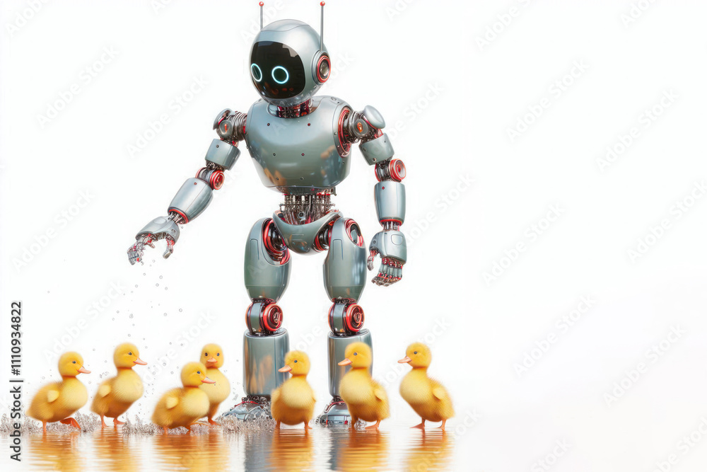 Robot with ducklings near the water. Space for text. Robot with ducklings near the water. Space for text.