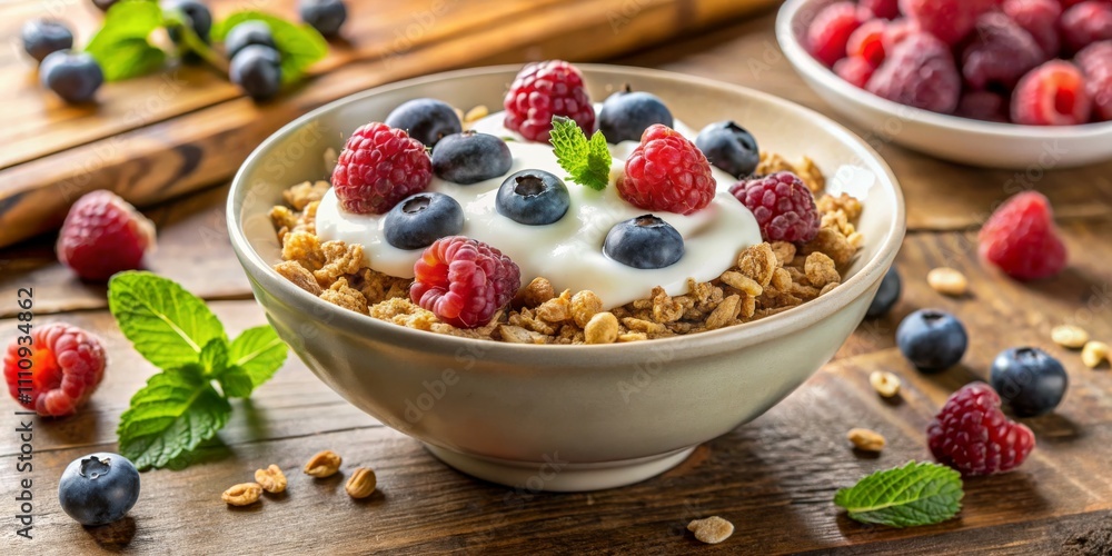 Sumptuous Granola Bliss Close-up of Rustic Breakfast Bowl with Yogurt, Fresh Berries, and Mint on Wooden Table - Wholesome and Vibrant Food Photography for Healthy Eating Sumptuous Granola Bliss Close-up of Rustic Breakfast Bowl with Yogurt, Fresh Berries, and Mint on Wooden Table - Wholesome and Vibrant Food Photography for Healthy Eating