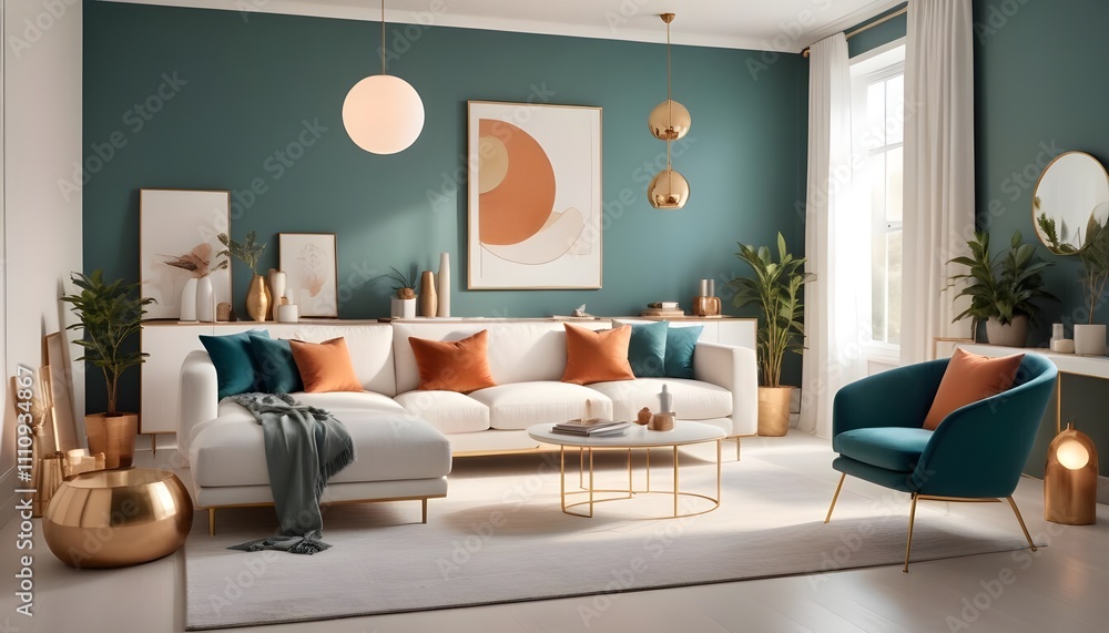 Modern living room interior composition with grey modern sofa, wooden , folding screen and modern Home Modern living room interior composition with grey modern sofa, wooden , folding screen and modern Home