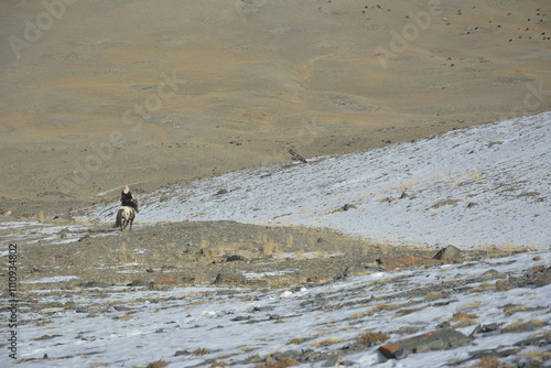 Mongolia eagle hunters hunting on the mountain with their golden eagles