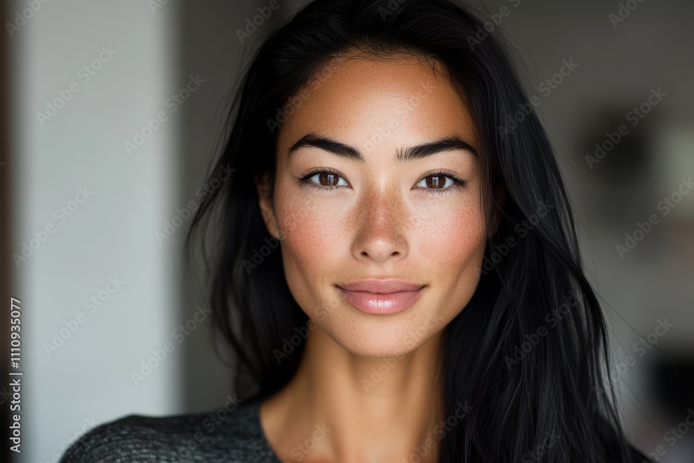 A portrait captures the serene expression of a woman with natural beauty, marked by soft freckles and flowing dark hair, radiating grace and calm confidence. A portrait captures the serene expression of a woman with natural beauty, marked by soft freckles and flowing dark hair, radiating grace and calm confidence.