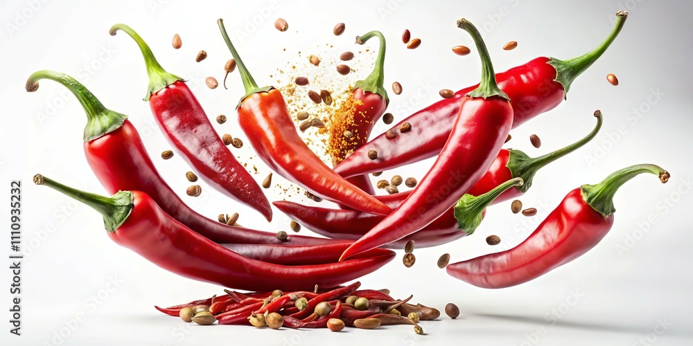 Spicy Red Chili Peppers Dance Vibrant Motion in High-Quality Food Photography Closeup - Fresh, Energizing, Culinary Artwork for Ads, Menus, and Cookbooks Spicy Red Chili Peppers Dance Vibrant Motion in High-Quality Food Photography Closeup - Fresh, Energizing, Culinary Artwork for Ads, Menus, and Cookbooks