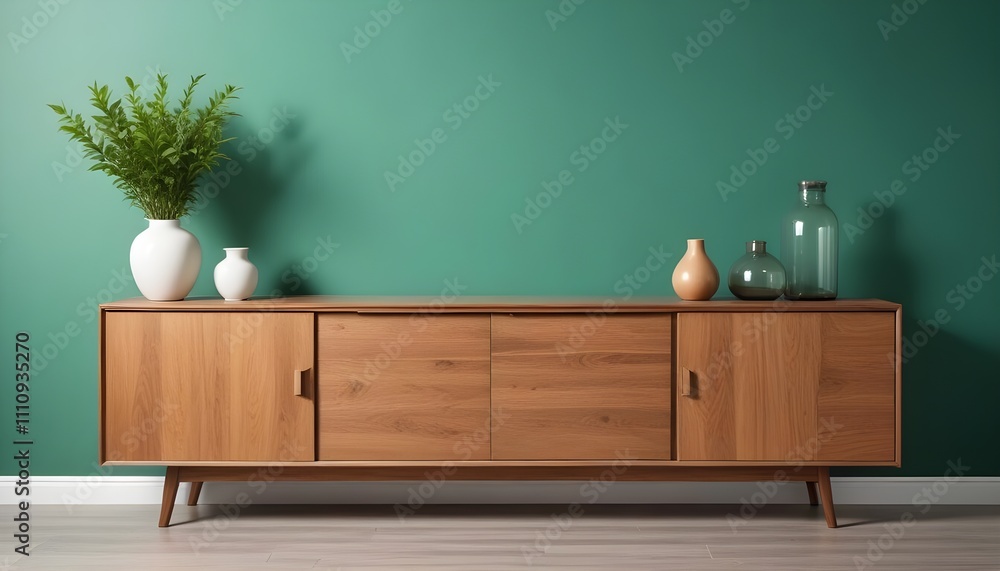 Wood sideboard in green living room with copy space Wood sideboard in green living room with copy space