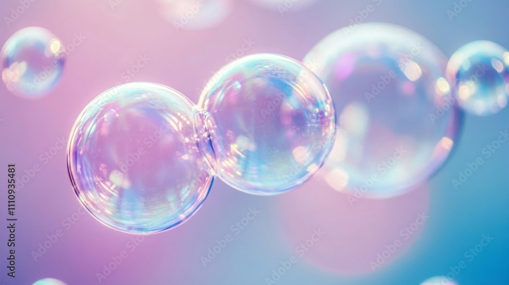 Close-up of iridescent soap bubbles floating against a pastel pink and blue background Close-up of iridescent soap bubbles floating against a pastel pink and blue background
