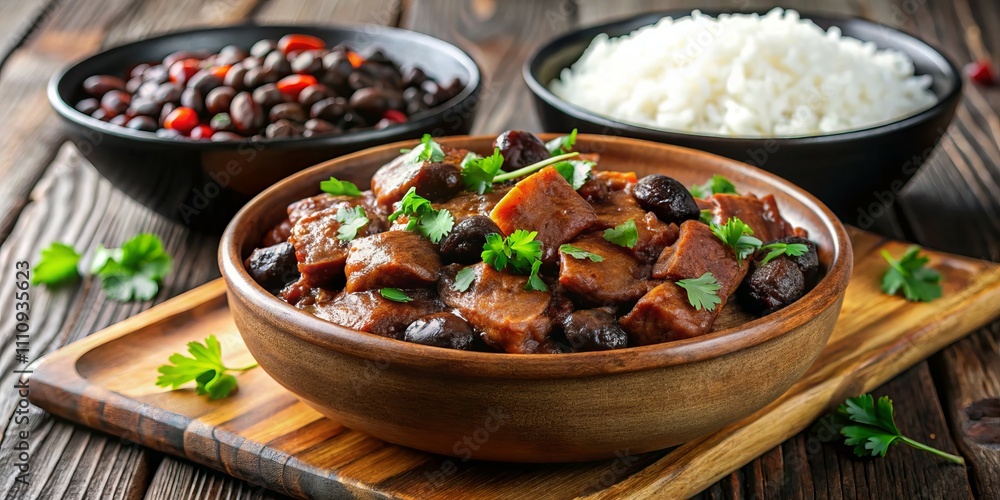 Savory Rustic Stew Bowl with Fresh Herbs on Wooden Table - Closeup Food Still Life in Warm Earthy Tones, Delicious Homemade Comfort Food Concept Savory Rustic Stew Bowl with Fresh Herbs on Wooden Table - Closeup Food Still Life in Warm Earthy Tones, Delicious Homemade Comfort Food Concept