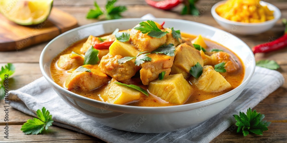 Savory Curry Delight in Light Gray Bowl on Rustic Wooden Table - Gourmet Food Photography with Fresh Ingredients and Vibrant Colors, Perfect for Restaurant Menus and Culinary Savory Curry Delight in Light Gray Bowl on Rustic Wooden Table - Gourmet Food Photography with Fresh Ingredients and Vibrant Colors, Perfect for Restaurant Menus and Culinary