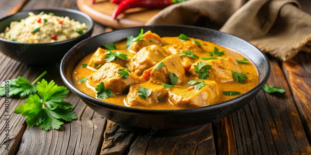 Savory Chicken Curry Delight Golden Delicacy in Dark Bowl with Vibrant Accents on Wooden Table - Appetizing Gourmet Cuisine Photography Savory Chicken Curry Delight Golden Delicacy in Dark Bowl with Vibrant Accents on Wooden Table - Appetizing Gourmet Cuisine Photography