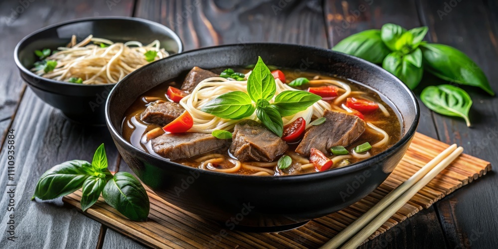 Savory Beef Noodle Soup with Basil Garnish on Dark Wooden Table Warm, Intimate Food Photography for Menus and Blogs Savory Beef Noodle Soup with Basil Garnish on Dark Wooden Table Warm, Intimate Food Photography for Menus and Blogs