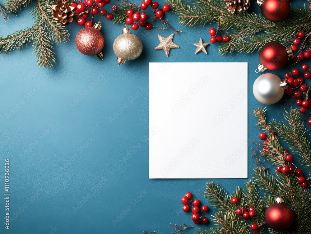 Obraz premium An empty card rests on a teal blue surface, surrounded by pine branches, red berries, and festive baubles, creating an inviting holiday atmosphere.