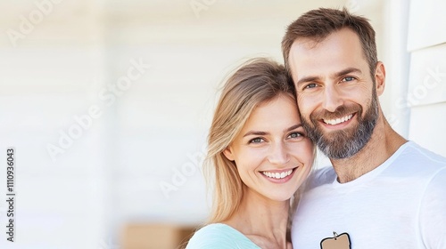 Happy couple near a white house.
