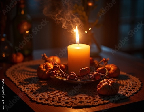 Auf einem Wohnzimmertisch steht eine brennende Kerze zwischen herbstlicher Dekoration, man sieht den Qualm der Flamme photo