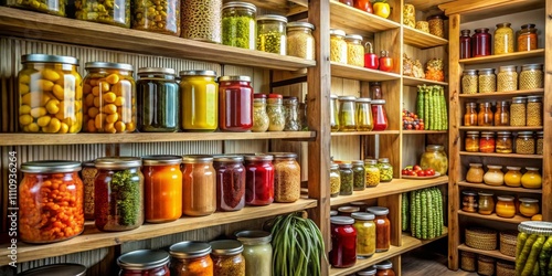 Wallpaper Mural Pantry Perfection Vibrant Preserved Foods on Wooden Shelves Homely Abundance and Organized Comfort Ideal for Food Blogs and Pantry Organization Ideas Torontodigital.ca