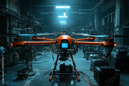 Professional orange drone carrying camera in dark industrial hangar photo