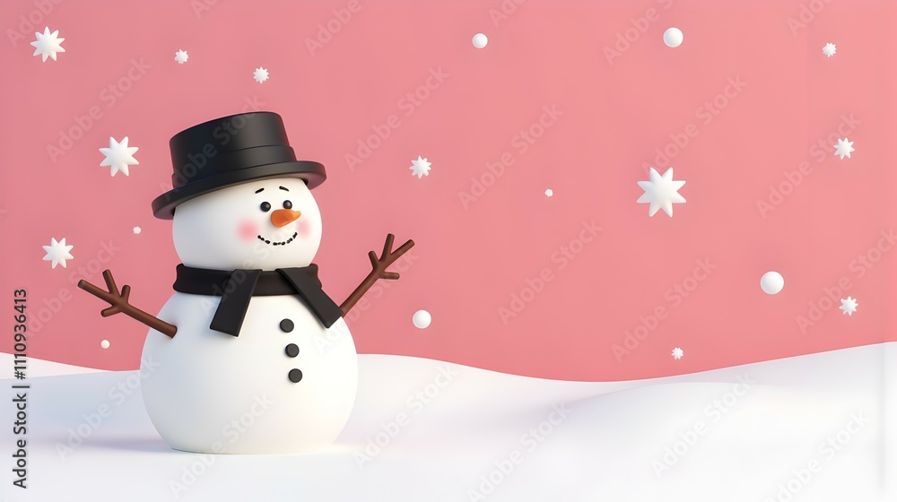 A cheerful snowman stands in a snowy landscape against a soft pink backdrop, snowflakes gently falling. Winter joy captured in a minimalist 3D design. A cheerful snowman stands in a snowy landscape against a soft pink backdrop, snowflakes gently falling. Winter joy captured in a minimalist 3D design.