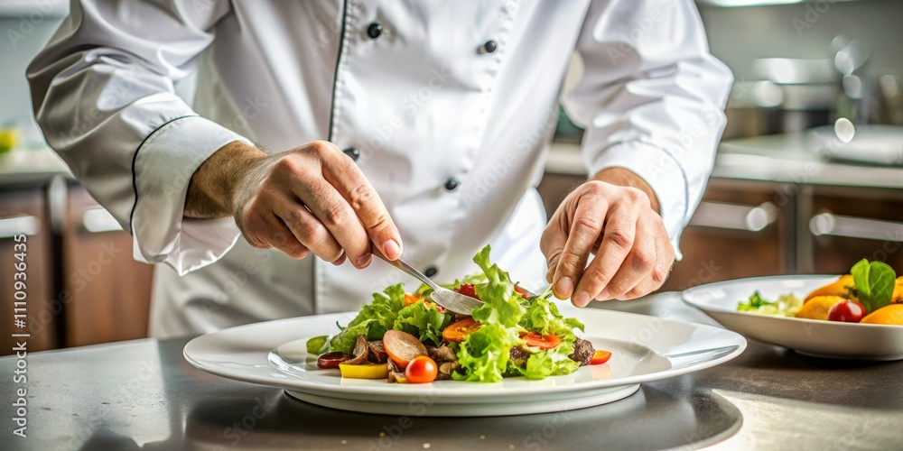 Masterful Chef's Hands Crafting Gourmet Salad - Culinary Excellence in Modern Kitchen Setting Professional Food Photography Concept Masterful Chef's Hands Crafting Gourmet Salad - Culinary Excellence in Modern Kitchen Setting Professional Food Photography Concept