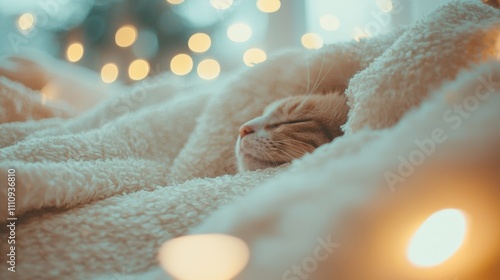 Ginger cat sleeping in blanket, soft lights.

